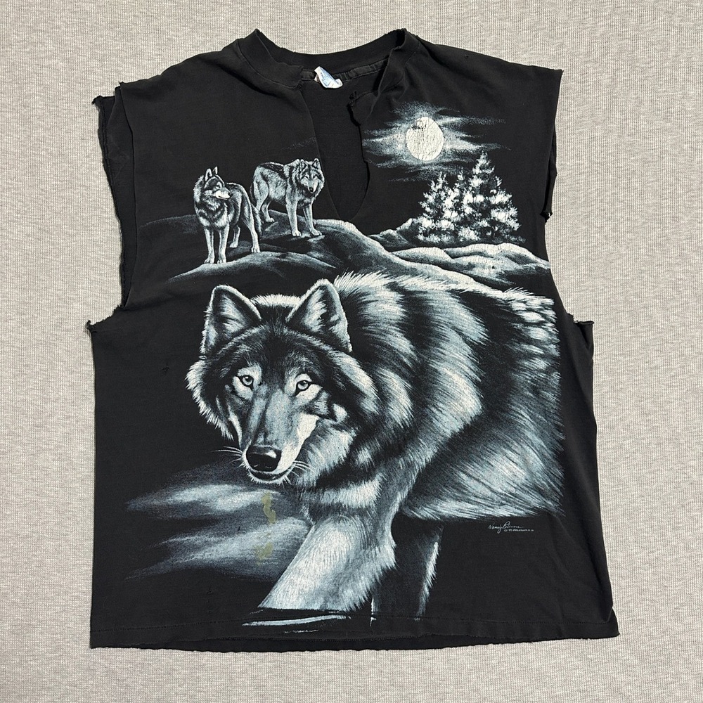 Vintage 1994 Hanes Wolf Moon Muscle Tee Shirt Black Distressed USA Mens Size XL